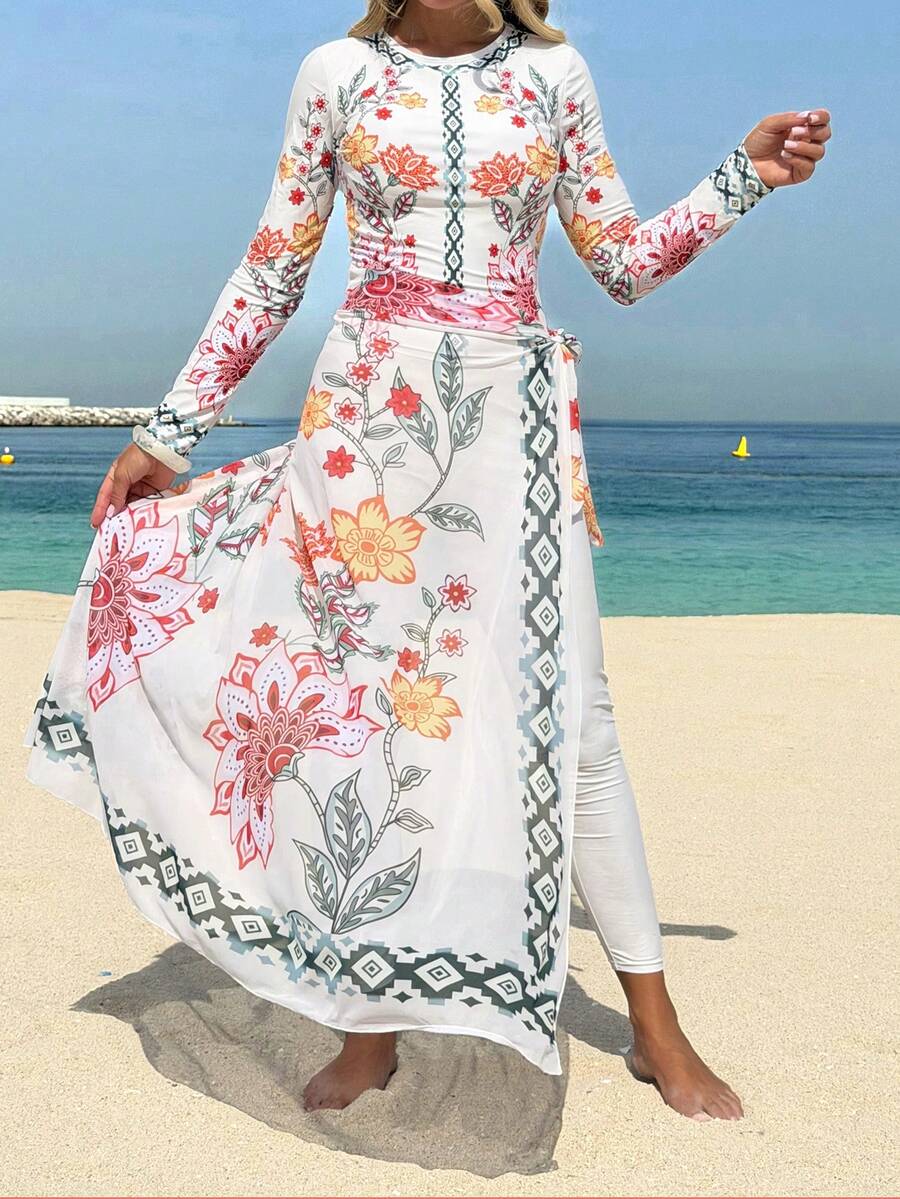 Swim Mulvari 2026SS Ensemble de maillot de bain bohème imprimé, vibrant et élégant, de haute qualité. Burkinis décontractés pour femmes, parfaits pour l'été, la plage, les fêtes au bord de la piscine et les vacances - Multicolore - Voir 1