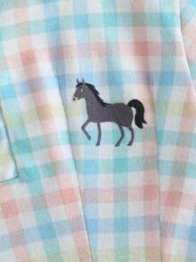 SHEIN 女童格子 Polo 连衣裙，刺绣小马图案，撞色领短袖婴儿连衣裙，夏季 - 淺綠色 - 查看 7