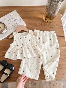 SHEIN LMoss Kids Conjunto Casual e Fofo de Verão para Bebê Menina, Top Regata e Calça com Cintura Elástica - Bege - Visão 6