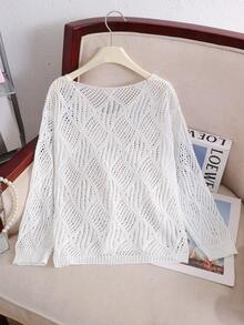 SHEIN Tween Girl Solid Color V-Neck Long Sleeve Hollow Out Cover-Up Top - White - View 2