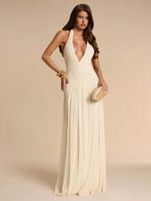 SHEIN BAE Đầm chữ A màu mơ, cổ yếm, cổ chữ V sâu, xếp ly, thanh lịch, thích hợp cho kỳ nghỉ, đi biển, làm phù dâu, dự tiệc trang trọng. - Màu be - Xem 3