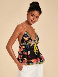 Travachic Frida Kahlo X SHEIN Áo hai dây dáng chữ A in hoa phong cách Bohemian Beach Resort, hợp tác cùng thương hiệu Woven Frida Collaboration, thích hợp cho các buổi đi chơi, phong cách đường phố, trang phục sân bay, thanh lịch. - Nhiều màu - Xem 4