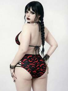 ROMWE Goth 大码女式两件套随机红色蝙蝠印花时尚度假日常休闲性感三角杯高腰三角裤抽绳挂脖开衩比基尼套装 - 黑色 - 查看 2