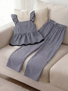 SHEIN Bộ 2 món cho bé gái, gồm áo hai dây dệt kẻ caro có thêu viền và quần ống đứng dệt kẻ caro, trang phục mùa hè thích hợp cho mặc hàng ngày, đi nghỉ mát và dã ngoại. - màu đen - Xem 5
