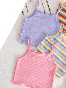 SHEIN 8pcs Young Girl Knitted Solid Striped Casual Camisole And Shorts Set - Multicolor - View 6