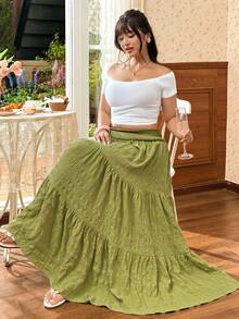 CovetEZ Plus Size Green Ruffled Hem Casual Skirt, Suitable For Spring/Summer Holiday - Green - View 4