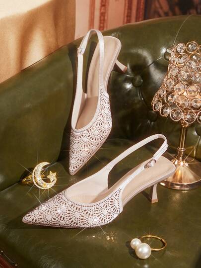 CUCCOO TILAWA Women's Shoes Pointed Champagne Rhinestone Decoration Fashionable Sexy Style Wear Party Shoes Back Strap Stiletto High Heel Sandals