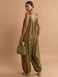 Zivah Loose Olive Green Summmer Boho Beach Vacation Holiday Jumpsuit For Women,Textured Suspender Wide-Leg Lantern Flower Tulip Modern High-Street Casual-A - Mustard Yellow - View 13