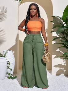 Slaydiva Women's Full Length Geometric Green Casual Vacation Wide Leg Pants - Hunter Green - View 3