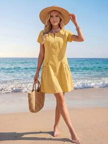 Sylviya Vestido de verano casual de unicolor con cuello con cremallera para mujer - Amarillo - Ver 4