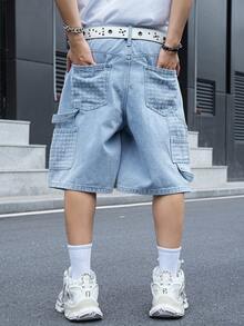 Chillumni Men's Casual Street Style Embroidered Patch Multi-Pocket Denim Blue Cargo Shorts - Light Wash - View 2