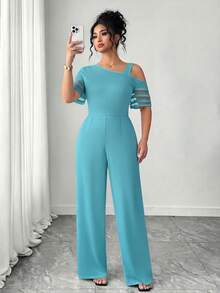 Elenzga Jumpsuit Minimalis Serbaguna Kasual Warna Polos untuk Wanita Ukuran Besar - Baby Blue - View 7