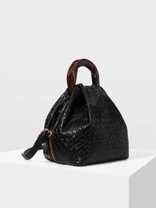 MOTF PREMIUM LADIES BLACK HANDBAG, EXQUISITE AND SIMPLE HOLIDAY WOVEN PU HANDBAG, ROUND HANDLE, OLD MONEY STYLE, HOLIDAY STYLE, RETRO STYLE, SUITABLE FOR LADIES, MOTHERS, COMMUTING, VACATION, DAILY, SHOPPING, TRAVEL - Black braid - View 3