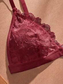 SHEIN 2pcs Sexy Lace Patchwork Front Closure Lingerie Set For Women - Burgundy - View 5