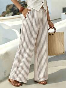Parysyn Plus Size Women's Vertical Beige Side Button Wide Leg Pants With Pockets Elegant Casual Smart Boho Business Beach Vacation Office Work Autumn - Apricot - View 5