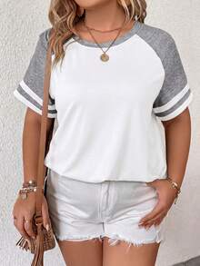 EMERY ROSE Plus Size Casual Colorblock Short Sleeve T-Shirt Summer Top Spring Back-To-School For Women All White Bussines Graduation Party - White - View 6