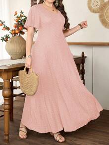 Modelyn Plus Size Women Ruffle Hem A-Line Dress, Minimalist Elegant Short Sleeve - Pink - View 3
