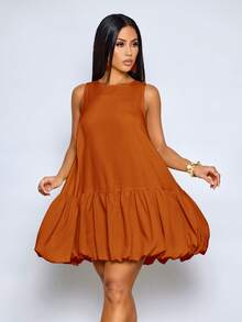SOLERSUN Women's Elegant Scoop Neck Chic Ruffled Hem Summer Party Outfit Puffball Mini Dress - Rust Brown - View 5