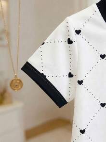 SHEIN Playful Pals Infant/Baby Girl Heart Print Round Neck Short Sleeve T-Shirt Cute Summer White And Black Versatile Pullover Tee For School Back-To-School Fits 6M-3T - Multicolor - View 3