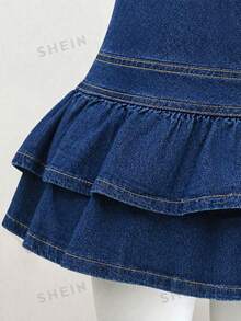 SHEIN Tall Tall Women's Fashion Ruffle Hem Denim Mini Skirt - Dark Wash - View 3