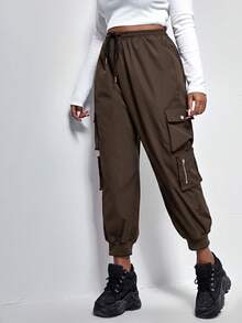 Muchica Black Plus Flap Pocket Drawstring Cargo Pants - Coffee Brown - View 5