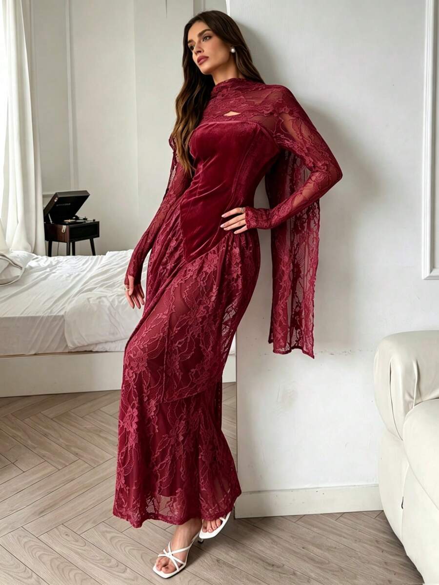 Elenzga Đầm nhung dài tay phối ren kiểu Pháp, đầm dự tiệc thanh lịch. - Màu Đỏ Sâu - Xem 1