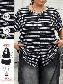 SHEIN CURVE+ 大码女式夏季休闲简约条纹T恤，户外上衣，休闲上衣 - 黑與白 - 查看 1