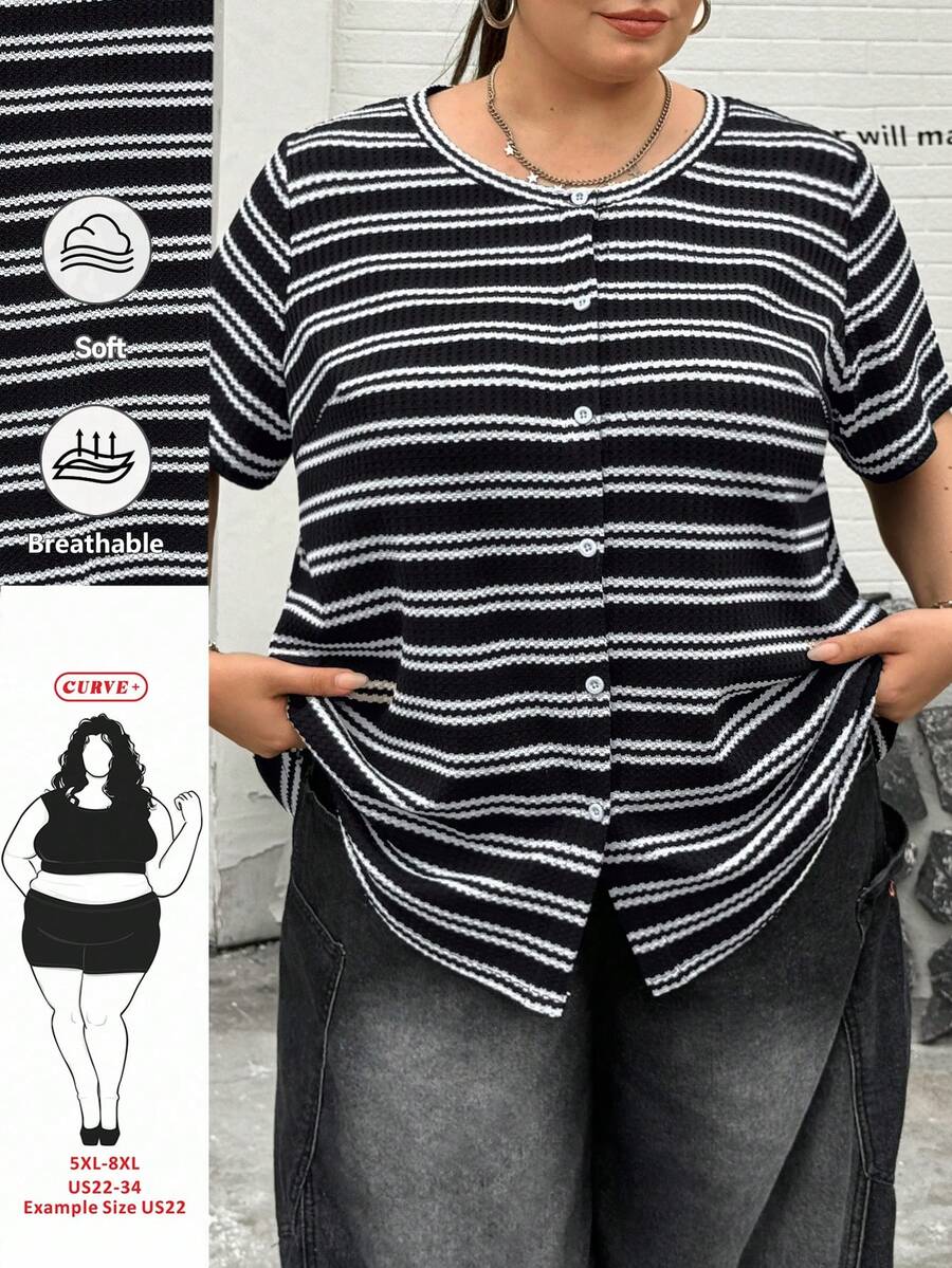 SHEIN CURVE+ 大码女式夏季休闲简约条纹T恤,户外上衣,休闲上衣 - 黑與白 - 查看 1