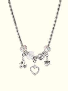 Popjeli 1 pieza Collar con dije de cisne en forma de corazón clásico, collar de corazón retro, collar de cisne con corazón de cristal - Plateado - Ver 3