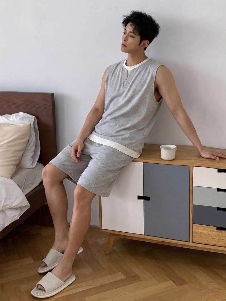 2pcs Men's Sleeveless Top And Shorts Pajama Set