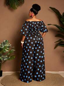 Maweii Plus Size Off Shoulder Polka Dot Drawstring Waist Short Sleeve Jumpsuit, Vacation - Multicolor - View 4