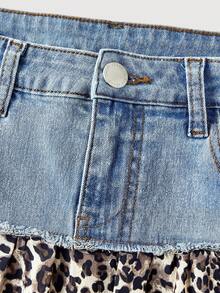 Teen Girl Retro Blue Denim Patchwork Leopard Print Asymmetrical Midi Skirt Casual Festival Beach Graduation Ceremony Vacation Comfortable Casual Festival Beach Vacation Comfortable Y2K Summer Light Washed Long Denim Skirt - Blue - View 5