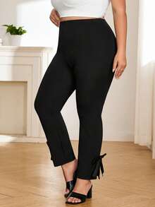 SHEIN CURVE+ Plus Size Women's Autumn Pants, Bowknot Hem, High Stretch Fabric, Wedding Wedding Guest Season Black Elegant - Black - View 8