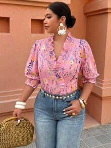 Breezaya Plus Size Women's Casual Vacation Floral Print Ruffle Hem Shirt, Spring/Summer - Multicolor - View 5