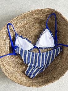 Swim Mod Blue And White Striped Textured Fabric Ruched Front Tie Bow 2-Piece Bikini Set,Summer Casual Beach Holiday Vacation Holiday Bathing Suits For Women - Royal Blue - View 7