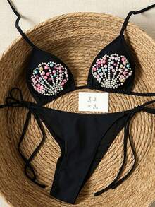 Swim SXY Nuevo conjunto de bikini con cuentas de concha para mujeres - Negro - Ver 1