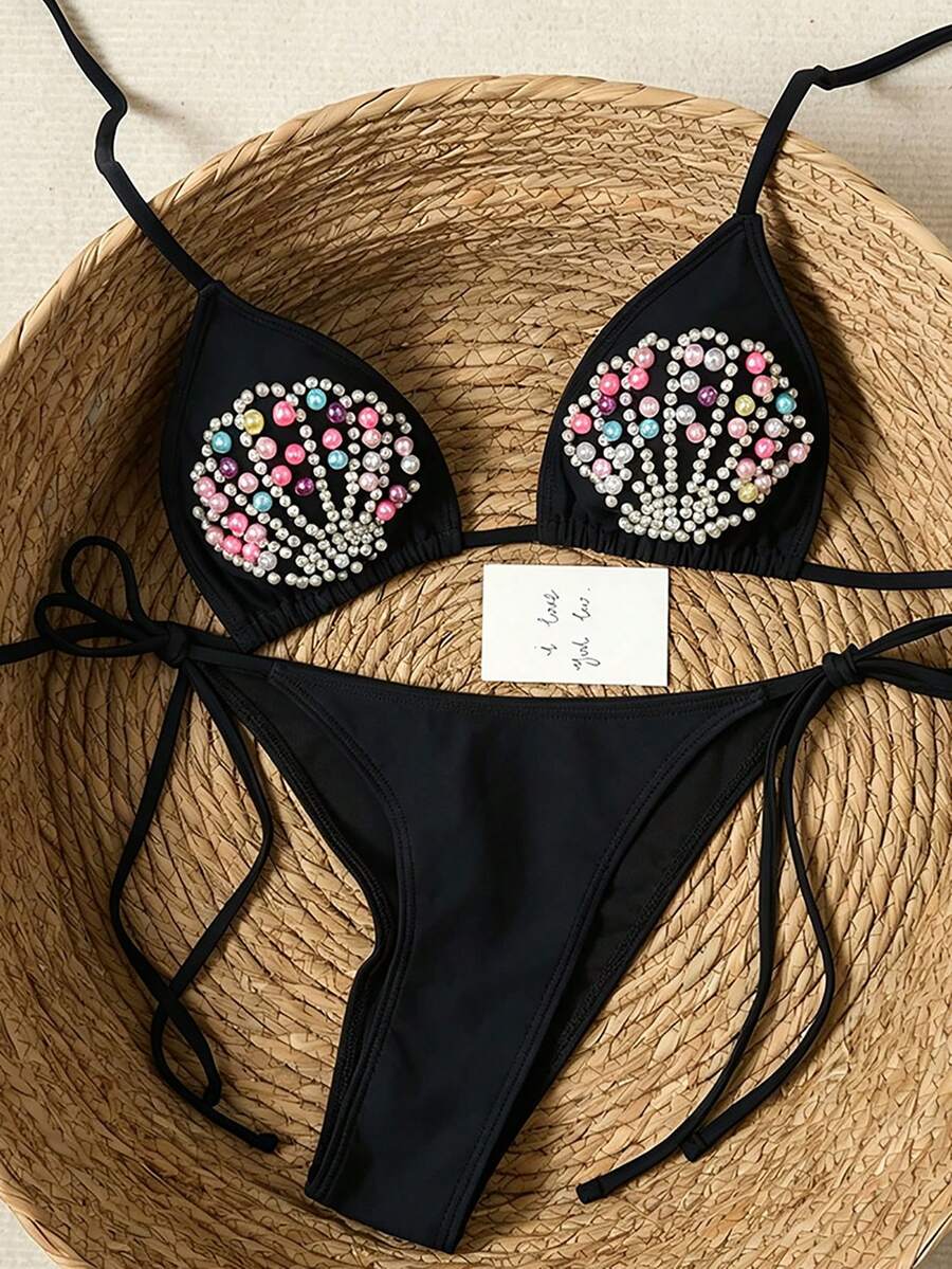 Swim SXY Nuevo conjunto de bikini con cuentas de concha para mujeres - Negro - Ver 1