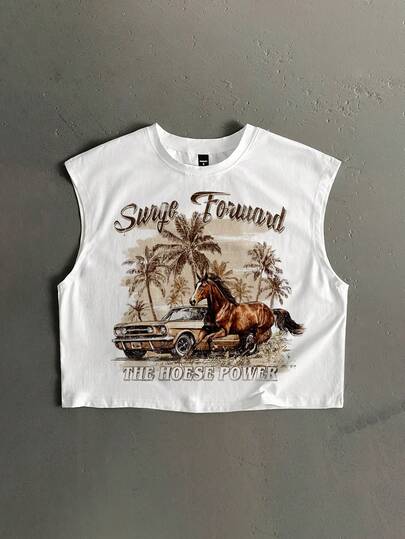 StoneGrade Hawaiian Style Western Cowboy Galloping Horse & Sports Car Print Men's Standard Size Cropped Loose Fit Tank Top, Essential For Dates And Gatherings, Fashionable Couple Gift For Boyfriend