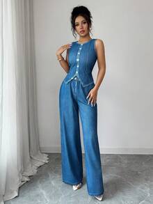 SHEIN Elenzya 夏季新款牛仔印花两件套女装，无袖露脐上衣+高腰阔腿裤，复古休闲通勤套装。适合复古时尚爱好者、上班族、梨形身材。可搭配办公装、休闲外出装、约会装、轻商务装、朋友聚会装等。 - 藍色 - 查看 4