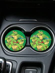 TEENAGE MUTANT NINJA TURTLES | SHEIN 2pc PU Leather Car Cup Holder Mat Set, Shockproof, Universal, Stylish Car Cup Holder Mat, Can Be Placed In Car Cup Holders, Car And Home Office Cup Mats,TMNT - A - View 2