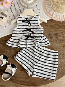 SHEIN 女婴条纹荷叶边上衣和短裤休闲日常穿搭 - 黑與白 - 查看 9