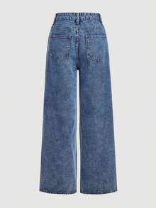 SHEIN MOD Women's Rhinestone Tassel Decor Slant Pocket Solid Color Casual Wide Leg Jeans - Blue - View 2