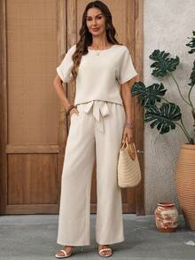 SHEIN LUNE Conjunto de camisa y pantalones casuales de vacaciones para mujer - Caqui - Ver 8