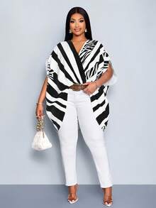 SOLERSUN Women's Elegant Black And White Summer Pastel Striped Leaf Print V-Neck Batwing Sleeve Pleated Asymmetrical High-Low Hem Plus Size Blouse - Black - View 6