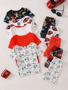 [3 Sets Random] Boys Toddler Summer Snug Fit Pajamas Short Sleeve & Shorts Multicolor Cartoon Dinosaur & Car Graphic Print Soft Knit - Multicolor - View 2