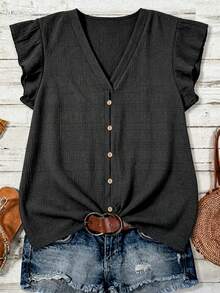 EMERY ROSE Plus Size Textured Fabric Ruffled Sleeve Blouse,Grey Summer Boho Vacation Holiday Tops,Casual Stylish Beachwear,Graduation Brunch,Western Retro Spring - Black - View 1
