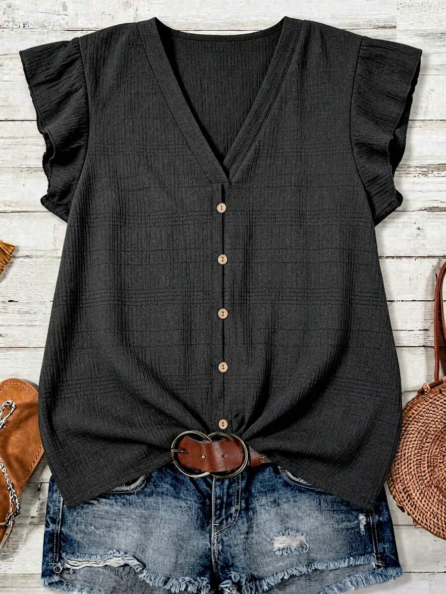 EMERY ROSE Plus Size Textured Fabric Ruffled Sleeve Blouse,Grey Summer Boho Vacation Holiday Tops,Casual Stylish Beachwear,Graduation Brunch,Western Retro Spring - Black - View 1