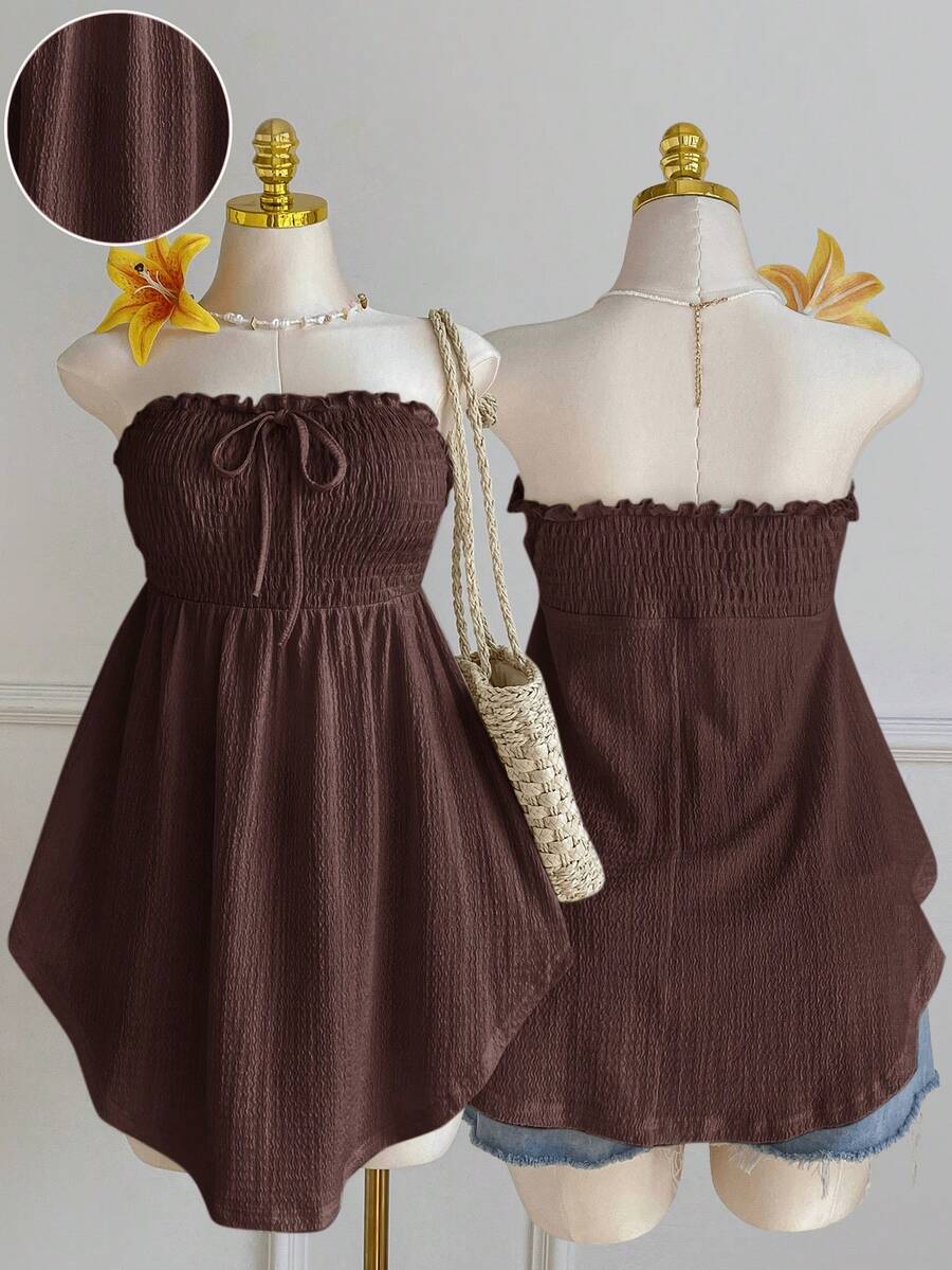 Comfortcana Plus Size Asymmetric Hem Lace Trim Sleeveless Tie Front Ruffle Blouse, Spring/Summer - Brown - View 1