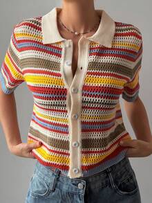 DAZY Women's Contrast Color Striped Pattern Front Button Short Sleeve Thin Cardigan Y2k Summer - Multicolor - View 5