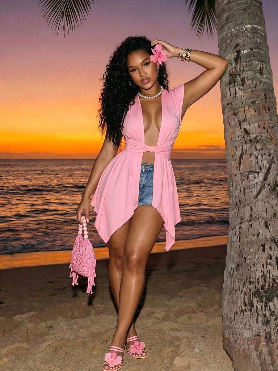 BamGleam Women's Vacation Beach Solid Color Asymmetric Hem T-Shirt - Baby Pink - View 1